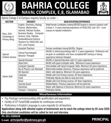 Bahria College Islamabad Jobs 2026 May Teaching Faculty & Others Latest