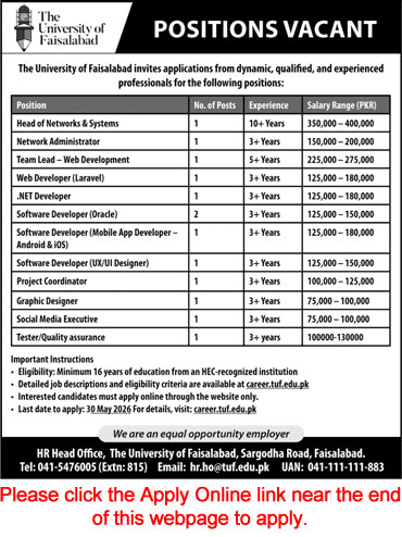 University of Faisalabad Jobs 2026 May Apply Online Software Developer, Graphic Designer & Others Latest