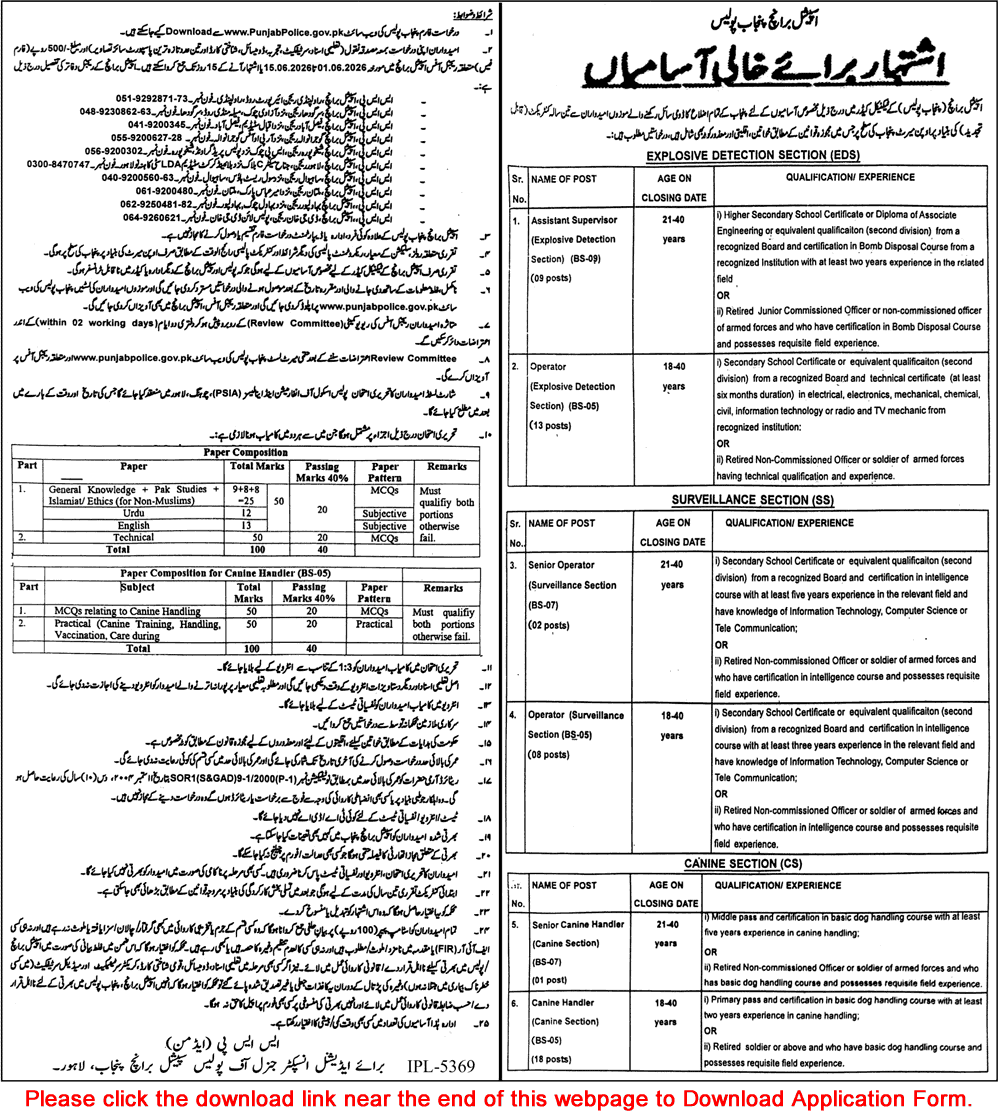 Special Branch Punjab Police Jobs May 2026 Application Form Technical Cadre Latest Advertisement