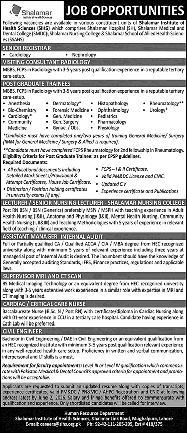 Shalamar Institute of Health Sciences Lahore Jobs May 2026 Postgraduate Trainees & Others SIHS Latest