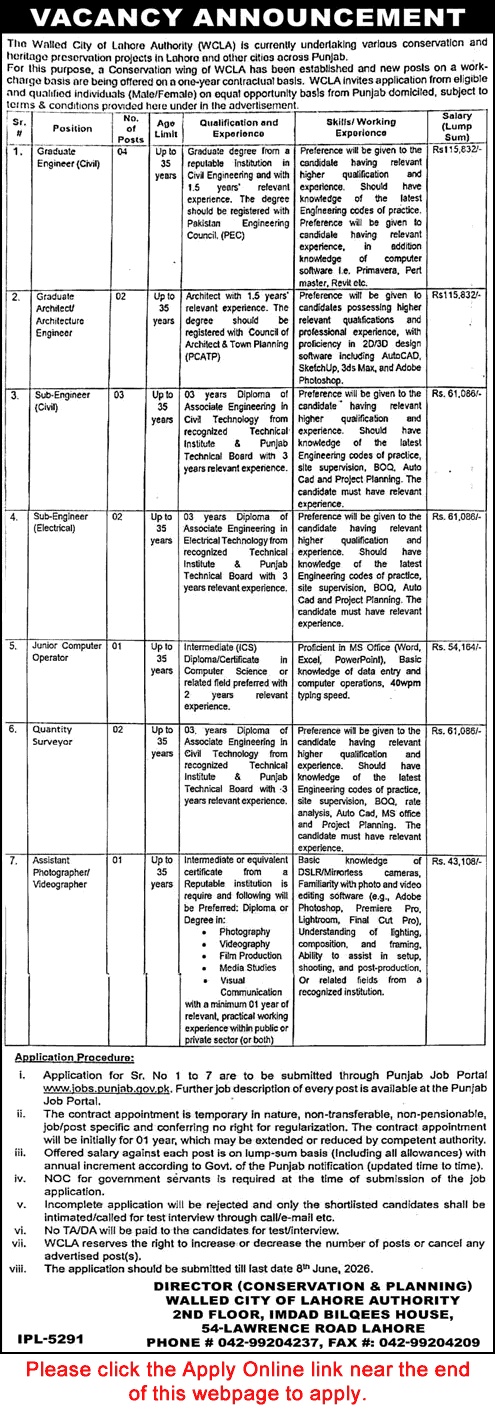 Walled City of Lahore Authority Jobs May 2026 Apply Online Civil Engineers & Others WCLA Latest