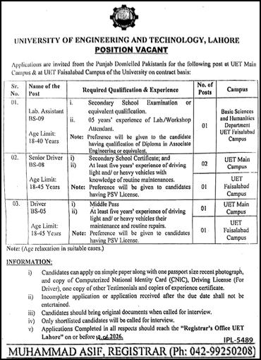 UET Lahore Jobs May 2026 June Drivers & Lab Assistant Latest