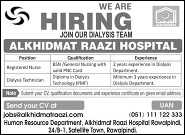 Alkhidmat Raazi Hospital Rawalpindi Jobs 2026 May / June Nurse & Dialysis Technician Latest