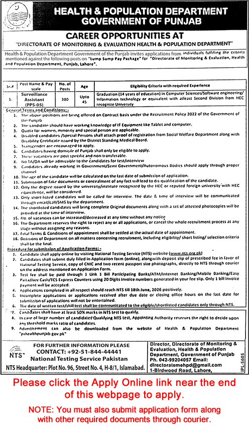 Surveillance Assistant Jobs in Health and Population Department Punjab June 2026 NTS Apply Online Latest