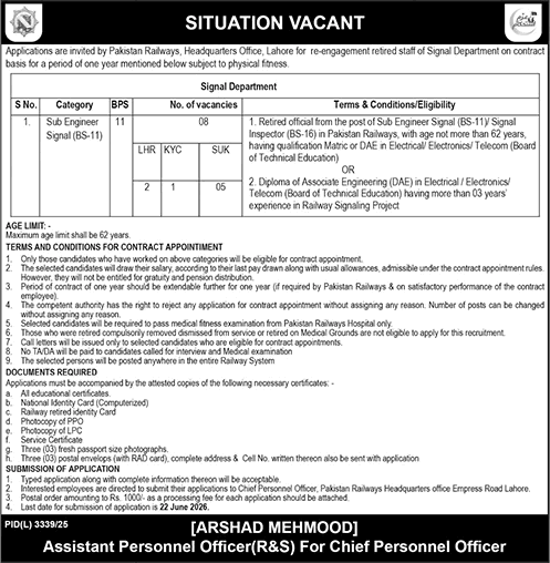 Sub Engineer Signal Jobs in Pakistan Railways June 2026 Latest