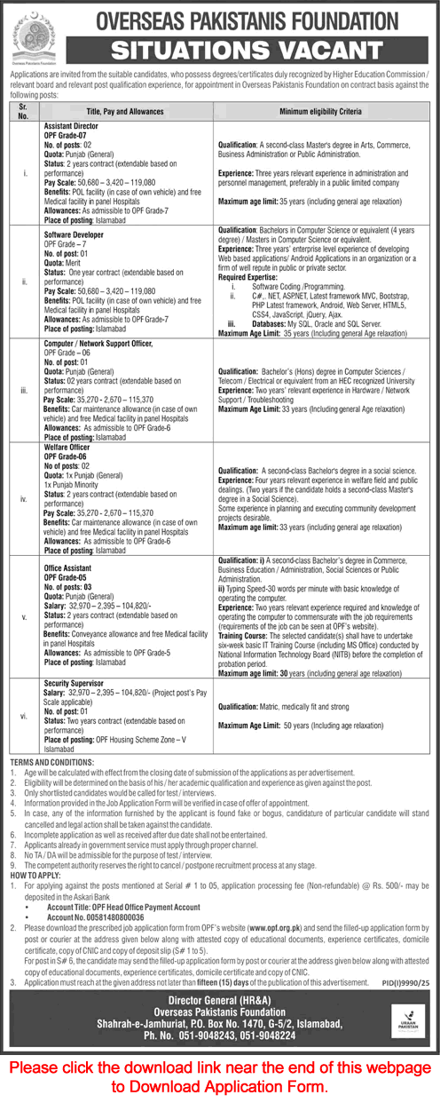 Overseas Pakistanis Foundation Islamabad Jobs June 2026 Application Form Software Developer, Office Assistants & Others OPF Latest