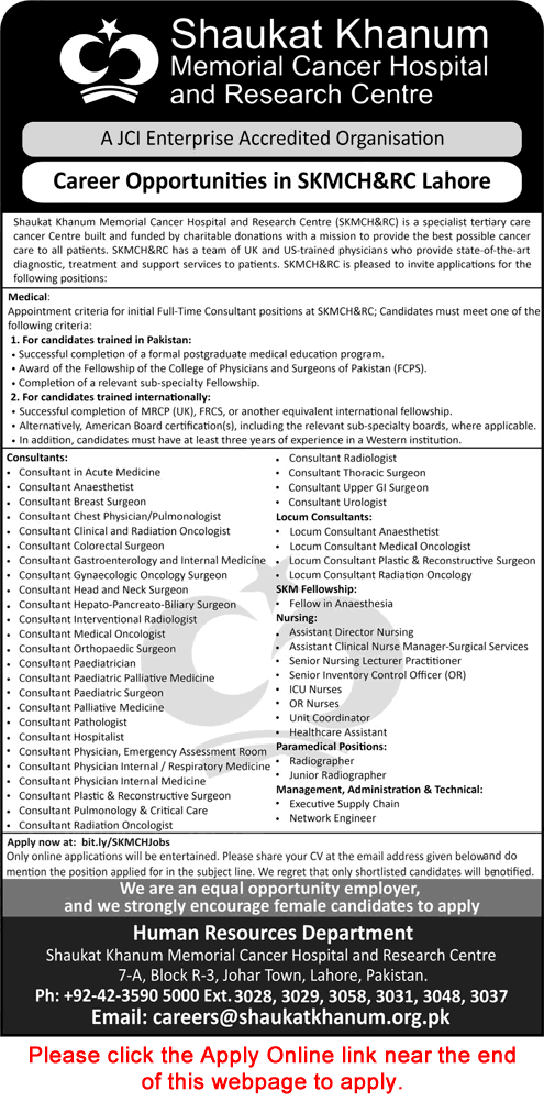 Shaukat Khanum Hospital Lahore Jobs August 2026 Apply Online Medical Consultants, Nurses & Others SKMCH&RC Latest