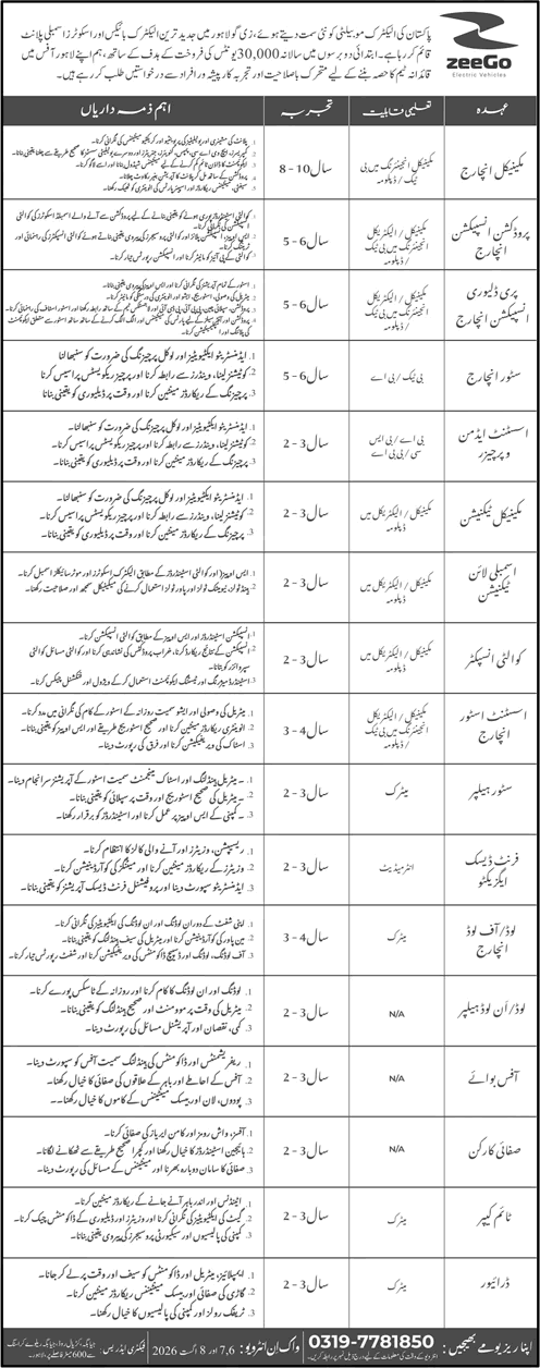 ZeeGo Pvt Ltd Pakistan Jobs August 2026 Mechanical Technician, Front Desk Executive & Others Latest