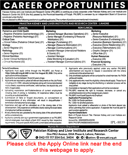PKLI Lahore Jobs August 2026 Apply Online Pakistan Kidney and Liver Institute Latest