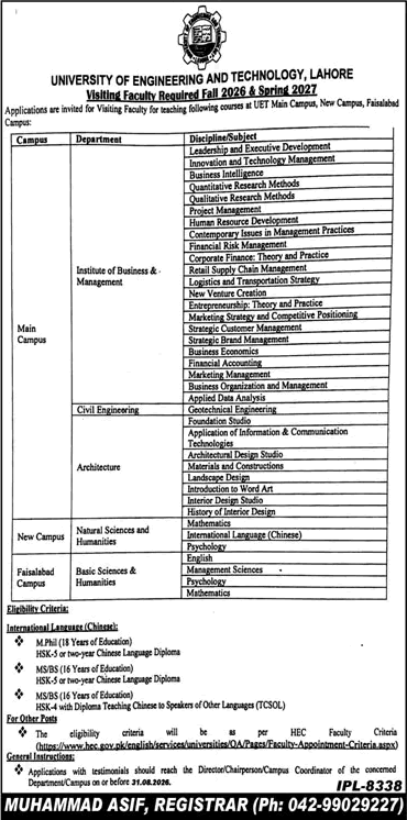 UET Lahore Jobs August 2026 Teaching Faculty University of Engineering and Technology Latest
