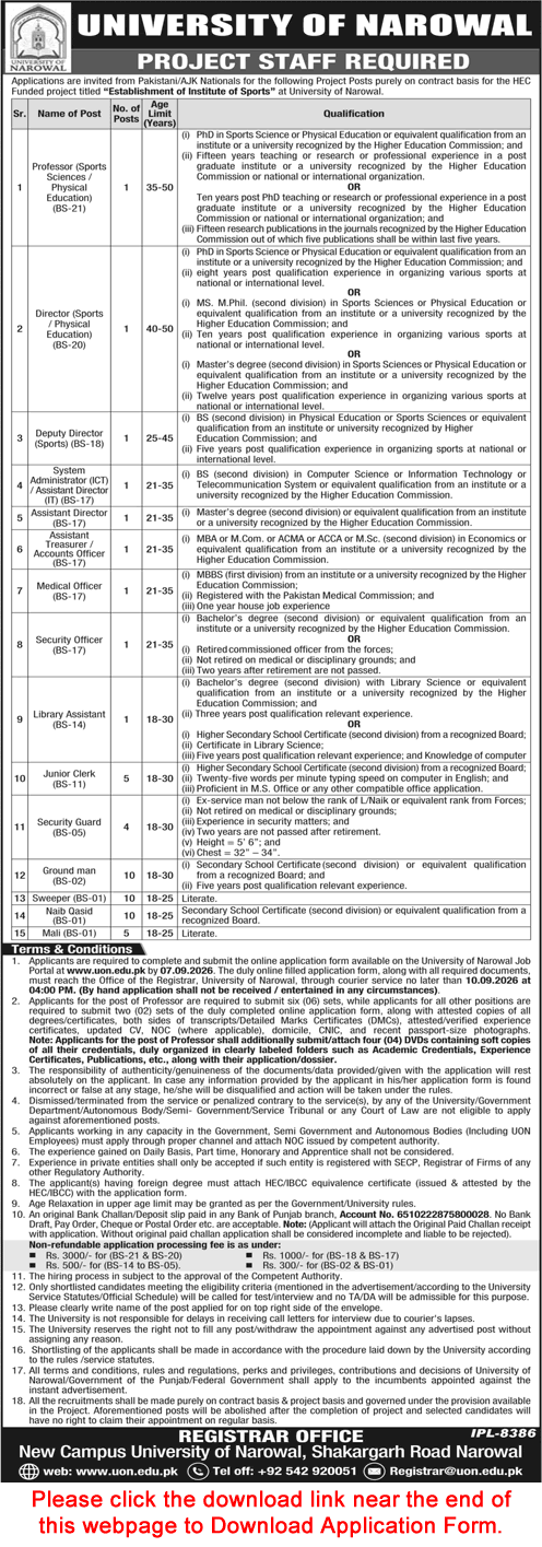 University of Narowal Jobs August 2026 Application Form Naib Qasid, Sweepers & Others Latest