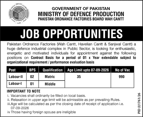 Labour Jobs in Pakistan Ordnance Factories August 2026 POF Latest