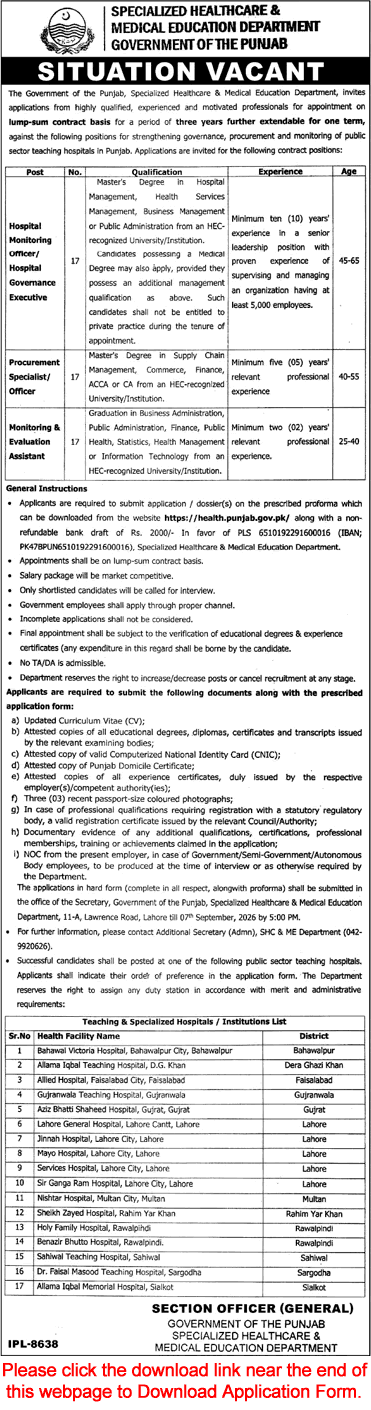 Specialized Healthcare and Medical Education Department Punjab Jobs August 2026 Application Form Latest