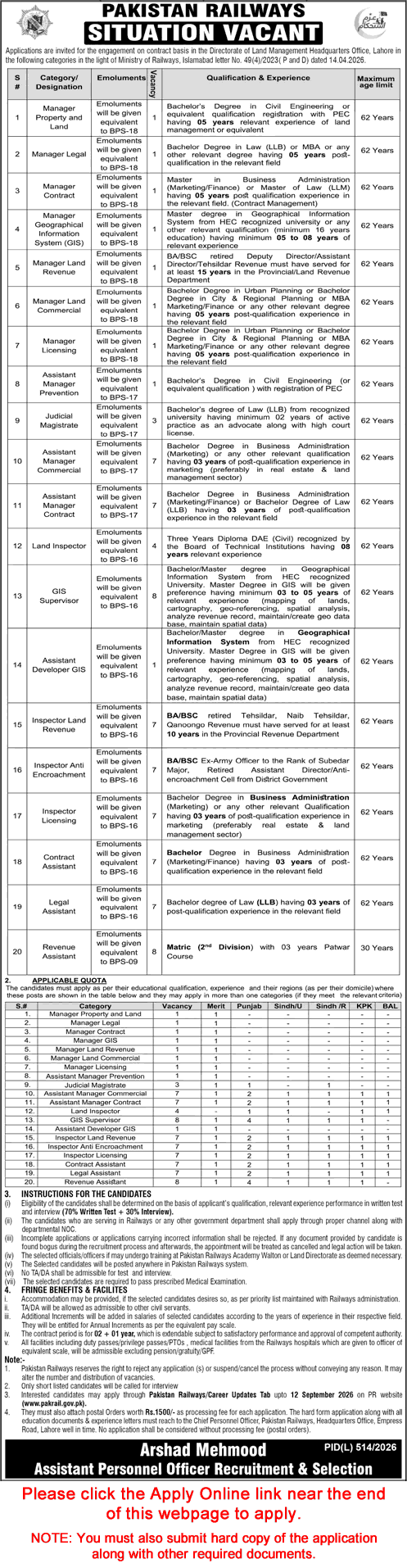 Pakistan Railways Jobs August 2026 September Apply Online Directorate of Land Management Latest