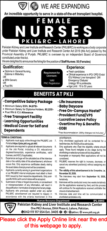 Staff Nurse Jobs in PKLI Lahore August 2026 September Apply Online Pakistan Kidney and Liver Institute Latest