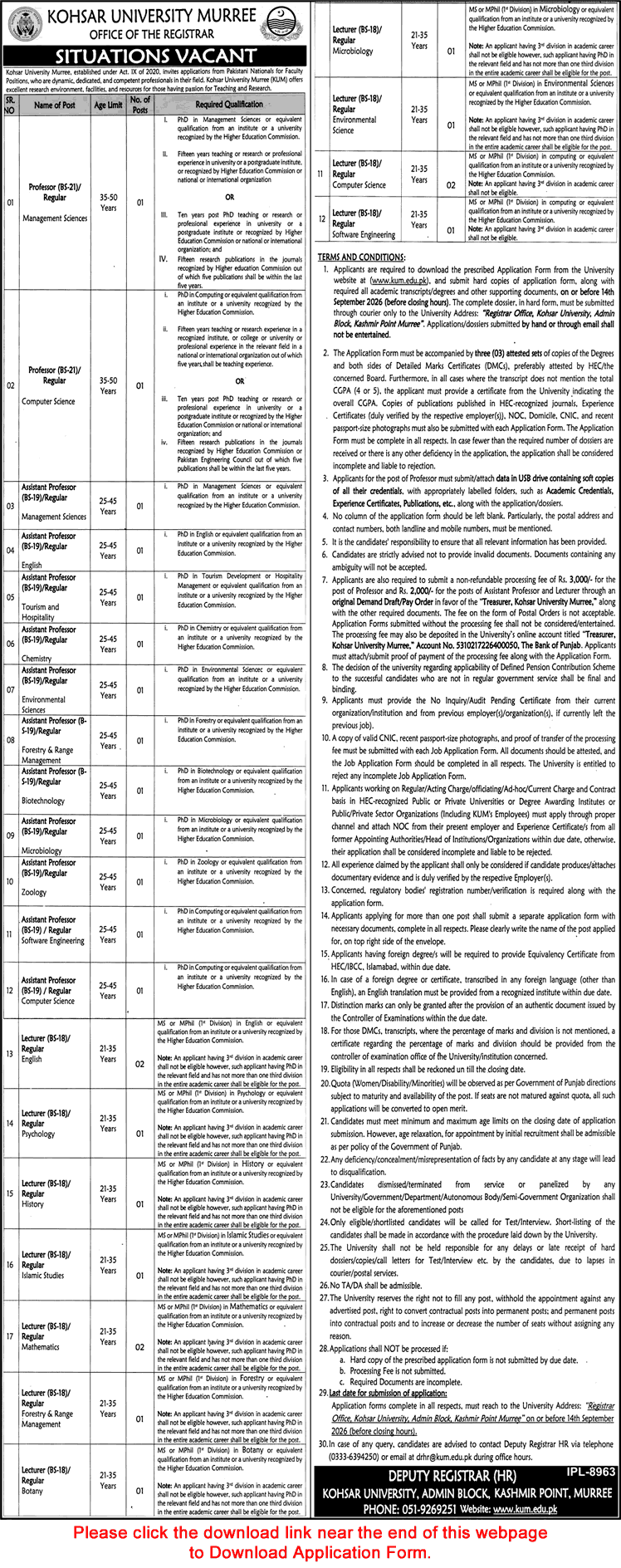 Kohsar University Murree Jobs August 2026 September Application Form Teaching Faculty Latest