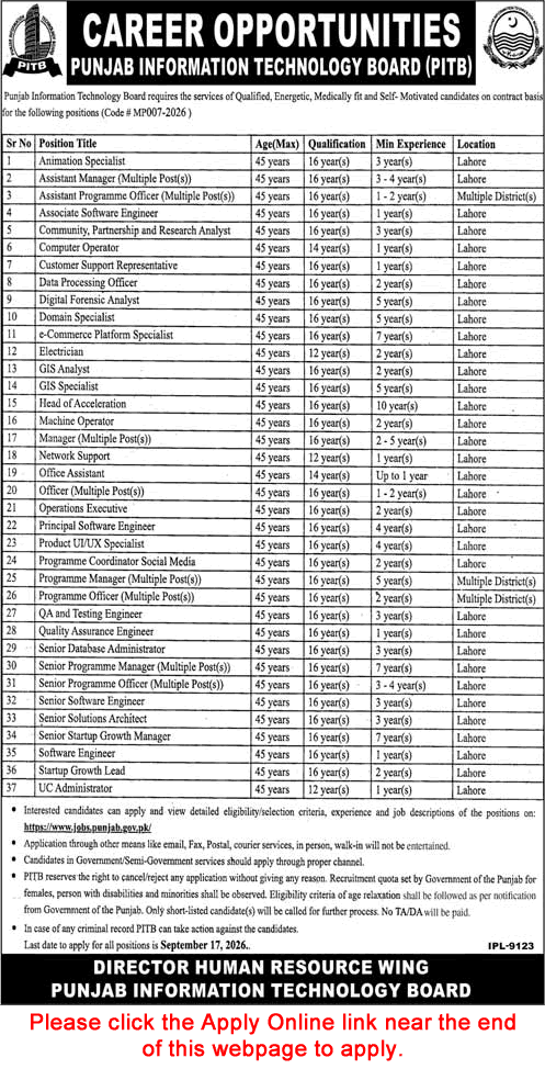 PITB Jobs September 2026 Apply Online Punjab Information Technology Board Latest