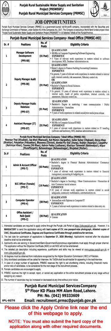 Punjab Rural Municipal Services Company Jobs September 2026 Online Apply PRMSC PRSWSSP Latest