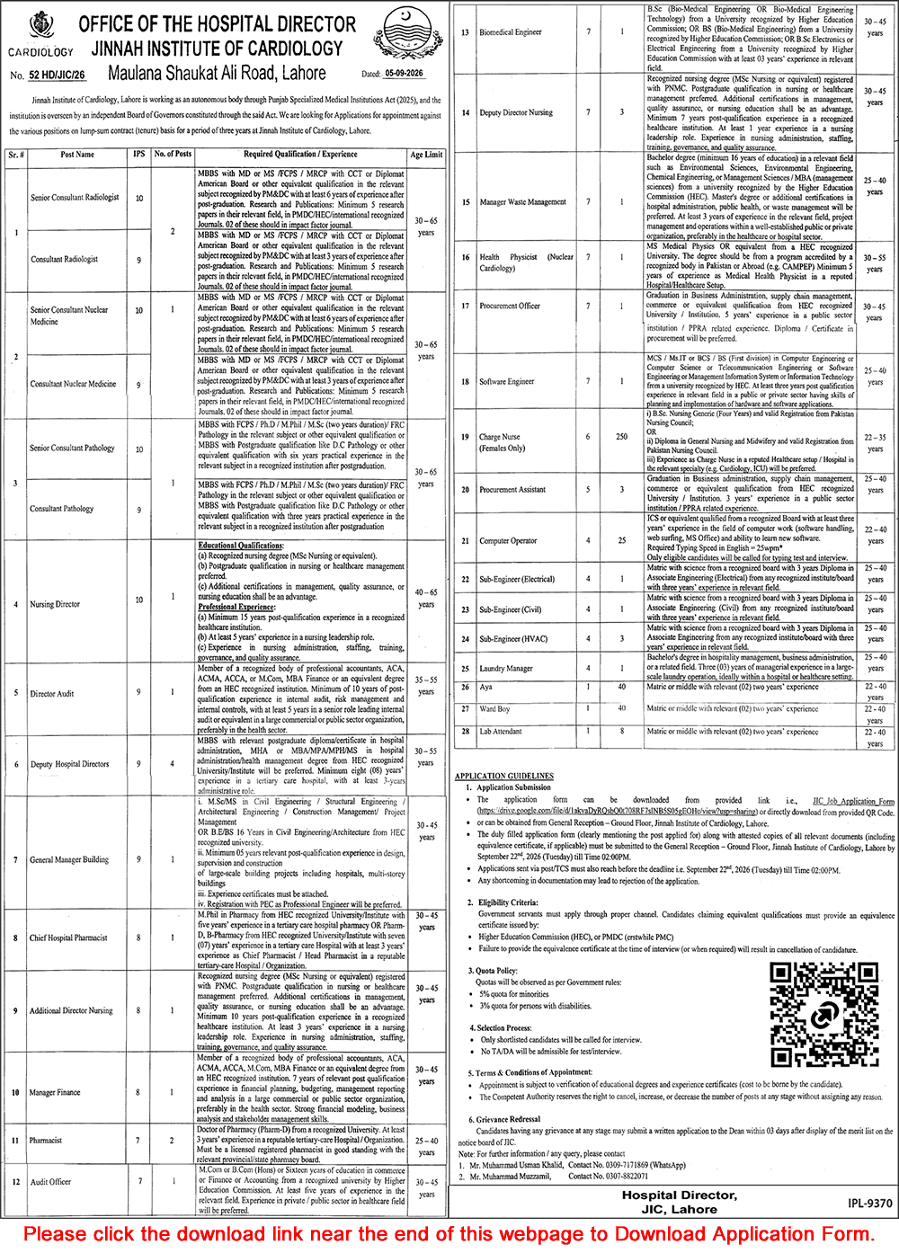 Jinnah Institute of Cardiology Lahore Jobs September 2026 Application Form Charge Nurses & Others JIC Latest