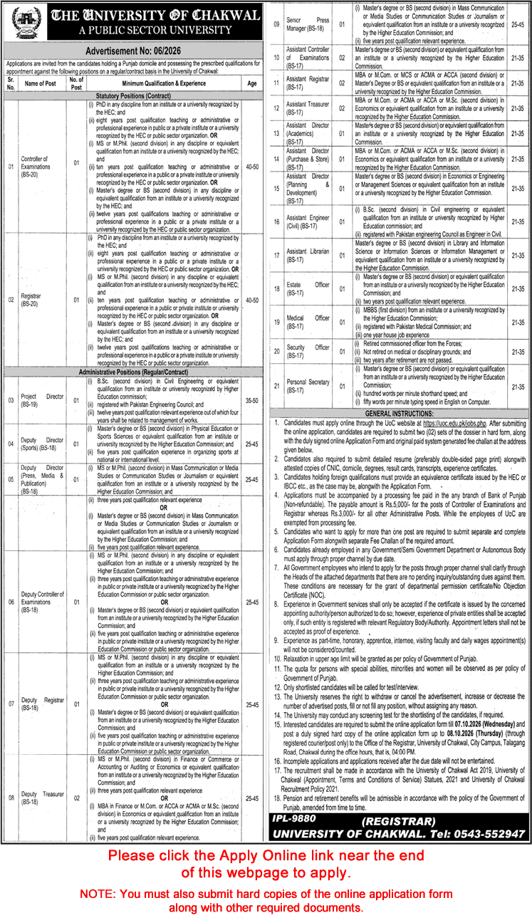 University of Chakwal Jobs 2026 September Apply Online Assistant Directors / Registrars & Others Latest