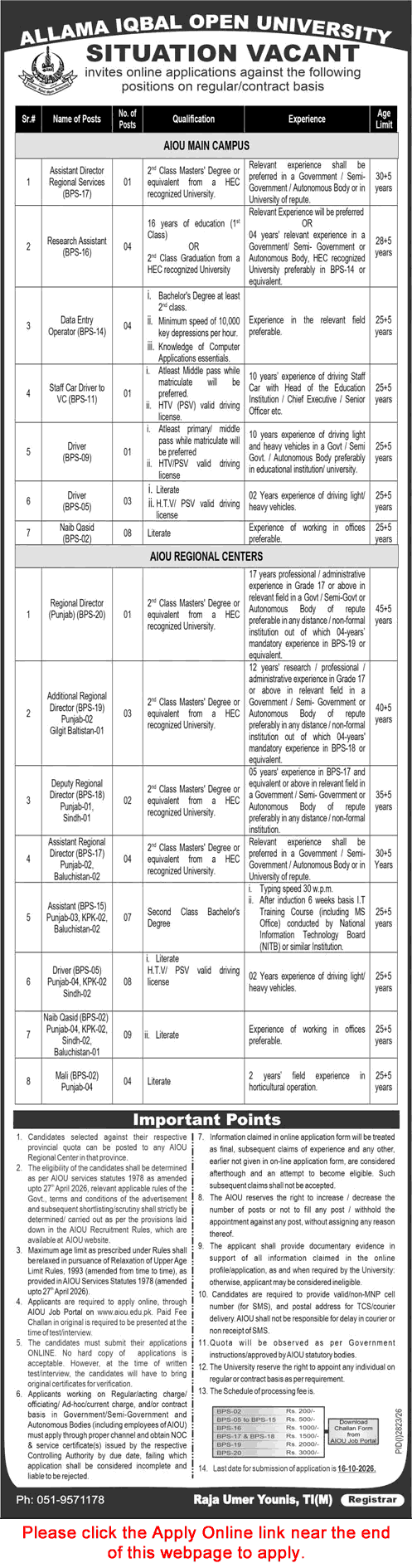 AIOU Jobs September 2026 October Apply Online Allama Iqbal Open University Latest