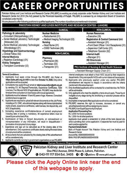 PKLI Lahore Jobs September 2026 October Apply Online Pakistan Kidney and Liver Institute and Research Center Latest