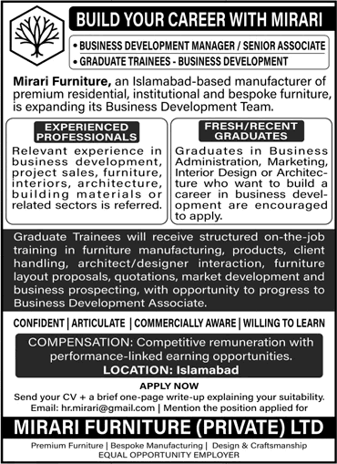 Mirari Furniture Islamabad Jobs September 2026 October Graduate Trainees & Others Latest