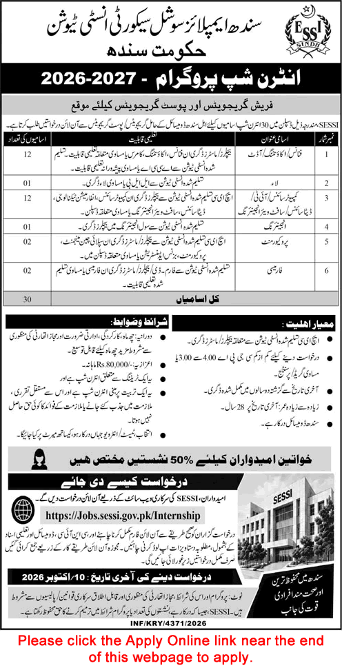 Sindh Employees Social Security Institution Internship Program 2026 October Apply Online SESSI Latest