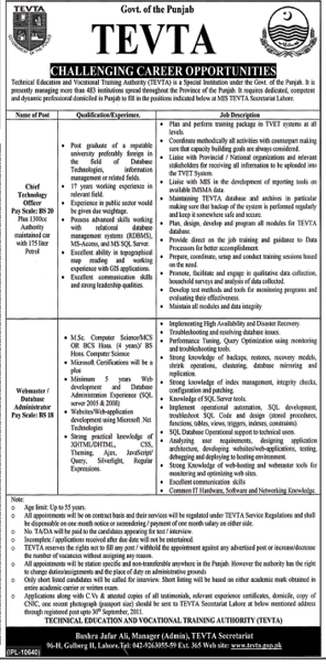 Challenging Job Opportunity in TEVTA