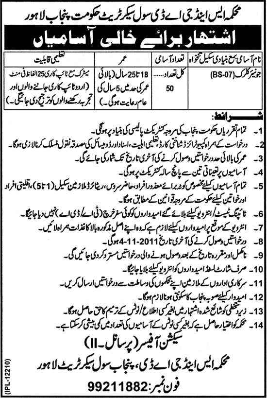 Department of S&GAD Civil Secretariat Government of the Punjab, Lahore Positions Vacant