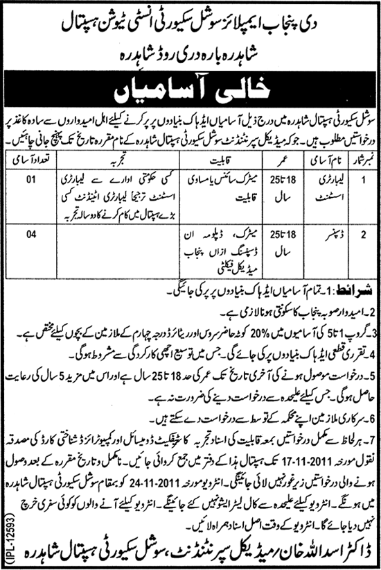 The Punjab Employees Social Security Institution Hospital Required Staff