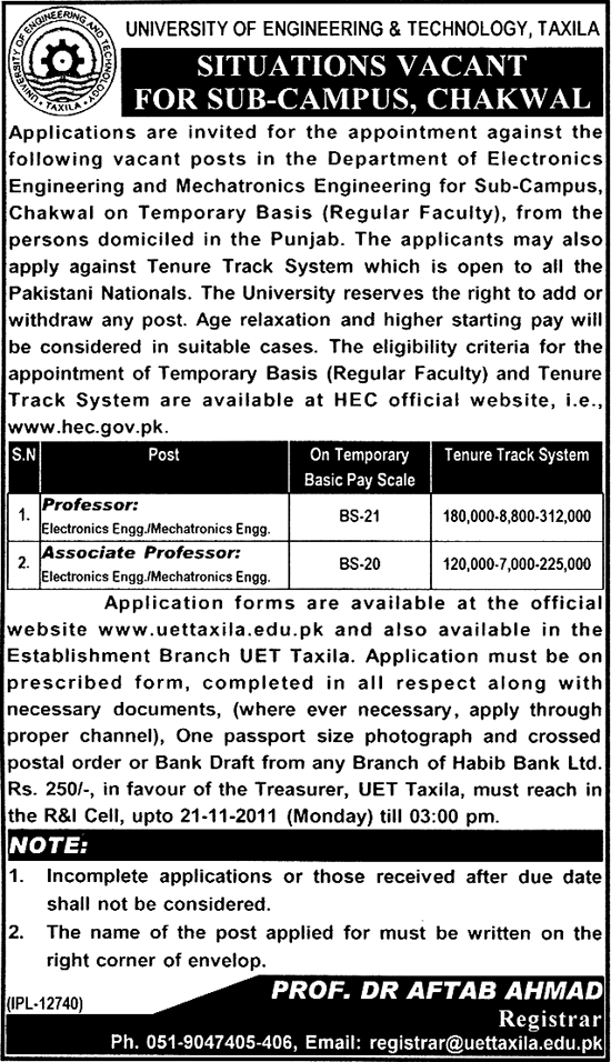 University of Engineering & Technology, Taxila. Situations Vacant