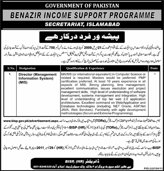 Benazir Income Support Programme Required Director (MIS)