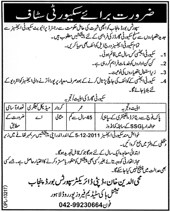 Security Staff Required by Sports Board Punjab