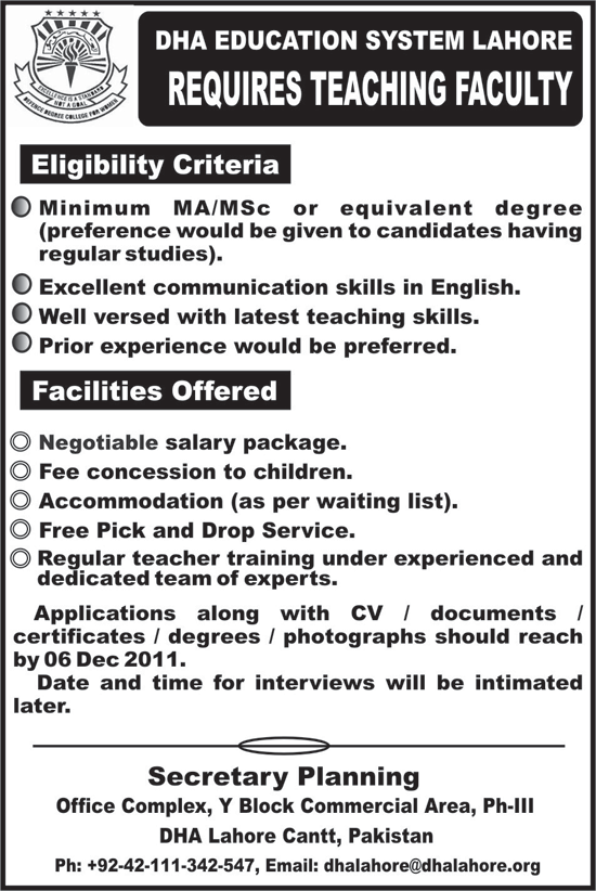 DHA Education System Lahore Required the Services of Principal