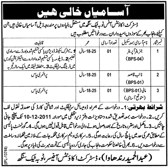 District Accounts Office Toba Tek Singh Jobs Opportunity