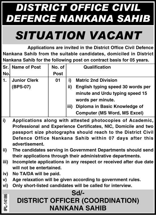District Office Civil Defence Nankana Sahib Required Junior Clerk
