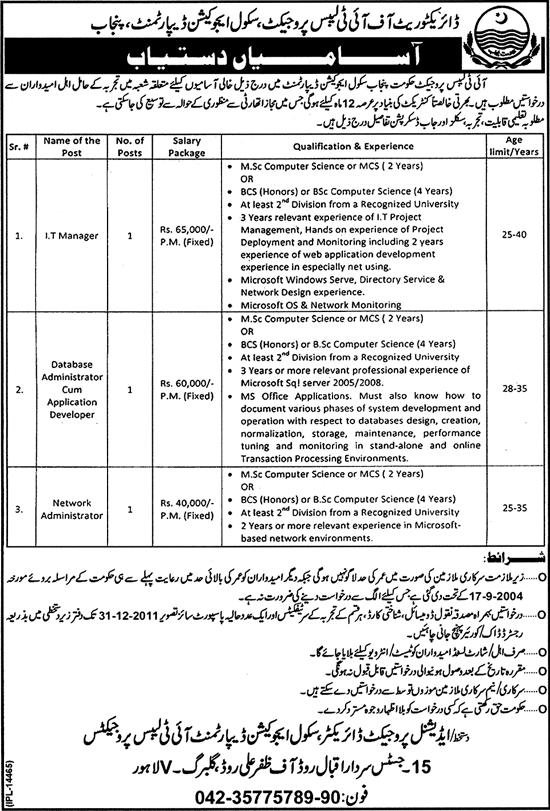 Directorate of IT Labs Project, School Education Department Punjab Jobs Opportunities