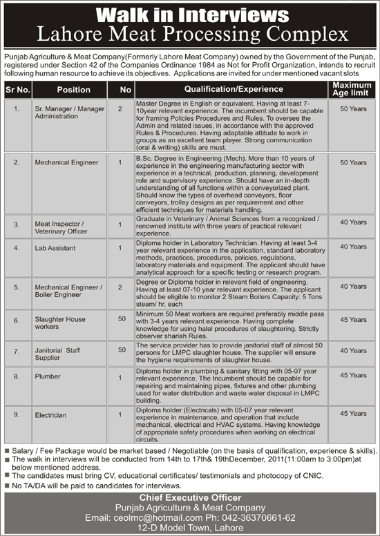 Lahore Meat Processing Complex Jobs Opportunities