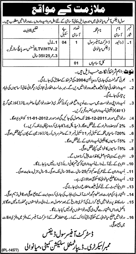 Civil Defence Office Mianwali Required Driver