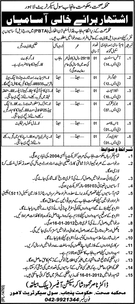 Health Department, Punjab Government Civil Secretariat Lahore Jobs Opportunities