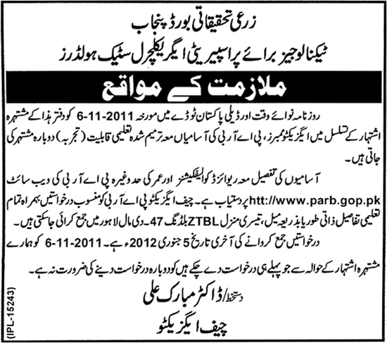 Agricultural Research Board Punjab Required Executive Members