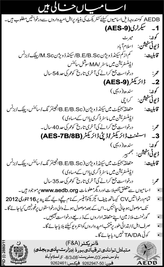 Alternative Energy Development Board, Ministry of Water and Power Islamabad Jobs Opportunity