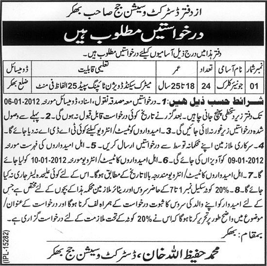 Office of District and Session Judge Bhakkar Required Junior Clerks