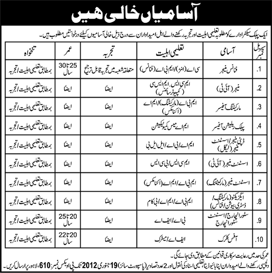 Staff Required by a Public Sector Organization in Lahore