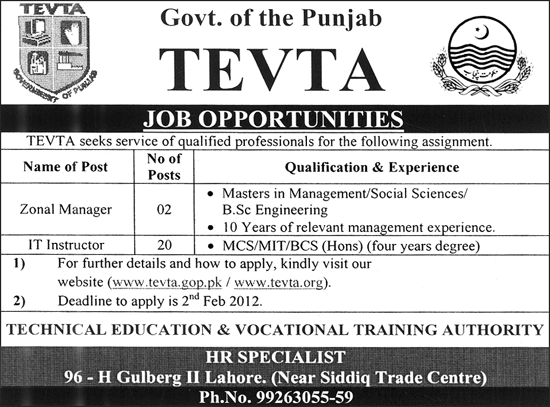 TEVTA Government of the Punjab Jobs Opportunity