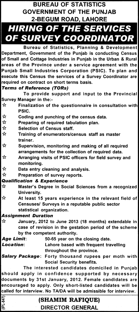 Bureau of Statistics, Government of the Punjab Requires Survey Coordinator