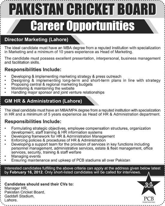 Pakistan Cricket Board (PCB) Required Director Marketing and GM HR & Administration