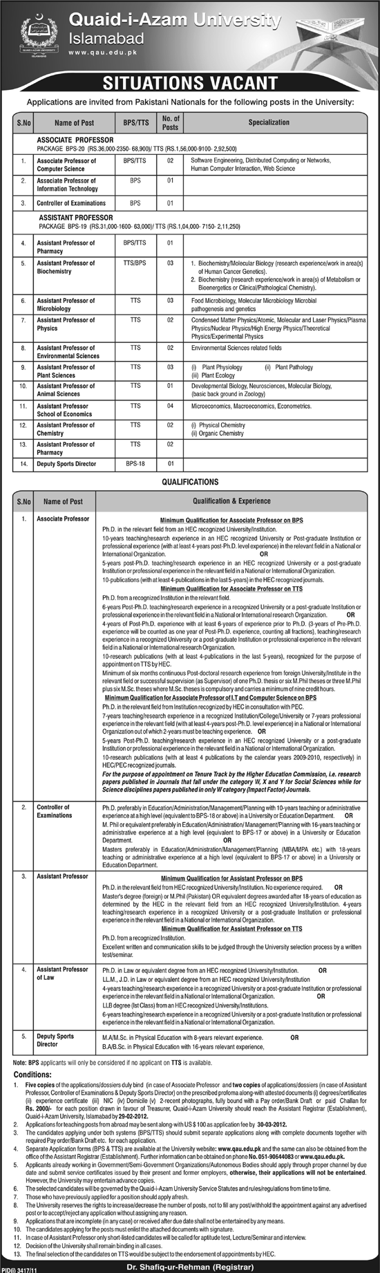 Quaid-i-Azam University Islamabad Jobs Opportunity