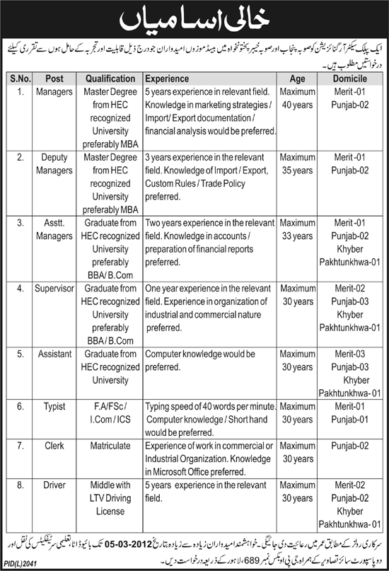 Public Sector Organization Required Staff for KPK and Punjab